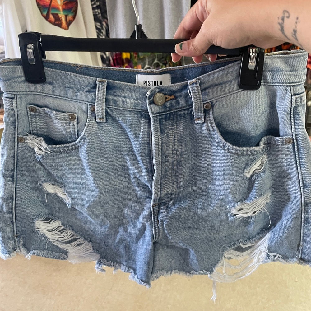 pistola Light Blue Denim Shorts with White Label